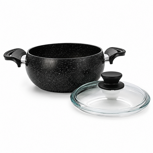Lavonni 22CM Black Granite Deep Pot with Glass Lid & Side Handles