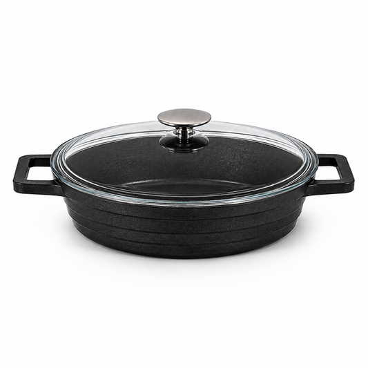 Lavonni 26CM Black Granite Low Pot with Glass Lid & Side Handles