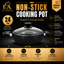 Lavonni 24CM Black Granite Low Pot with Glass Lid & Side Handles – Rounded Everyday Cookware