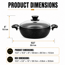 Lavonni 24CM Black Granite Low Pot with Glass Lid & Side Handles – Rounded Everyday Cookware