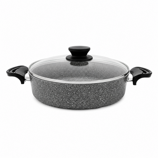 Lavonni 28CM Gray Granite Low Pot Traditional with Glass Lid and Dual Handles