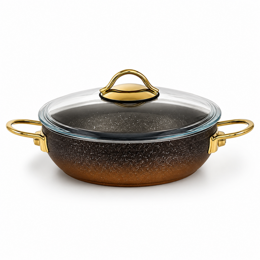 Lavonni Black-Gold Granite Low Pot with Glass Lid & Gold Handles – 26CM Round Cooking Pot
