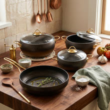 Lavonni 7PC Deep Cooking Pot and Pan Set Rounded Black-Gold