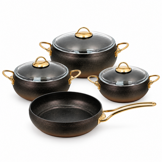 Lavonni 7-Piece Black & Gold Cookware Set with 3 Pots, Glass Lids & Frying Pan