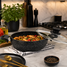 Lavonni 28CM Black Granite Low Pot with Glass Lid – Rounded Speckled Cookware