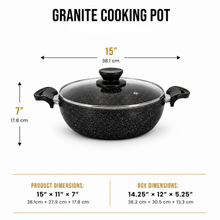 Lavonni 28CM Black Granite Low Pot with Glass Lid – Rounded Speckled Cookware