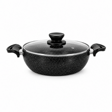 Lavonni 28CM Black Granite Low Pot with Glass Lid – Rounded Speckled Cookware