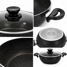 Lavonni 28CM Black Granite Low Pot with Glass Lid – Rounded Speckled Cookware