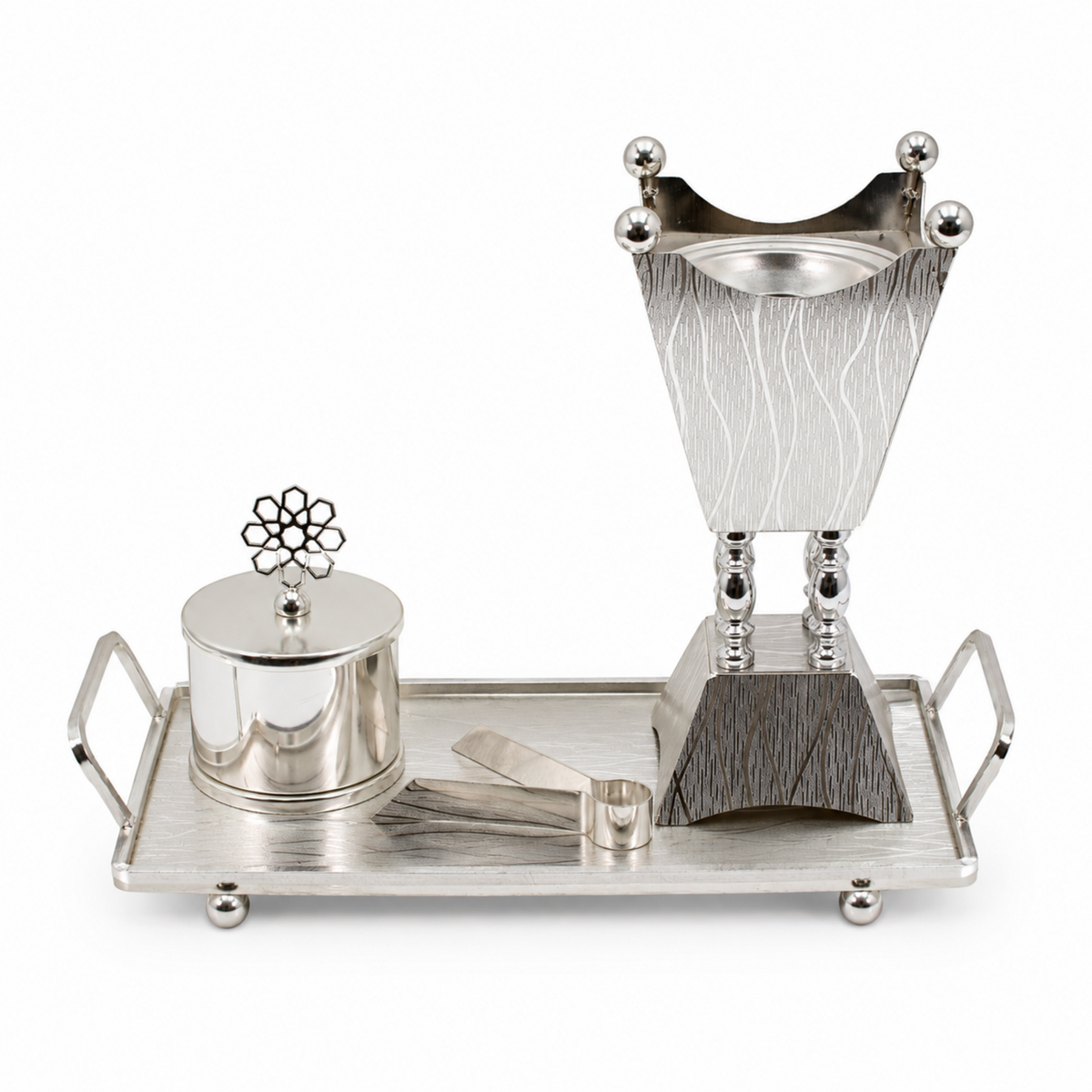 Silver Bakhoor Incense Burner Set with Decorative Tray, Canister & Tongs