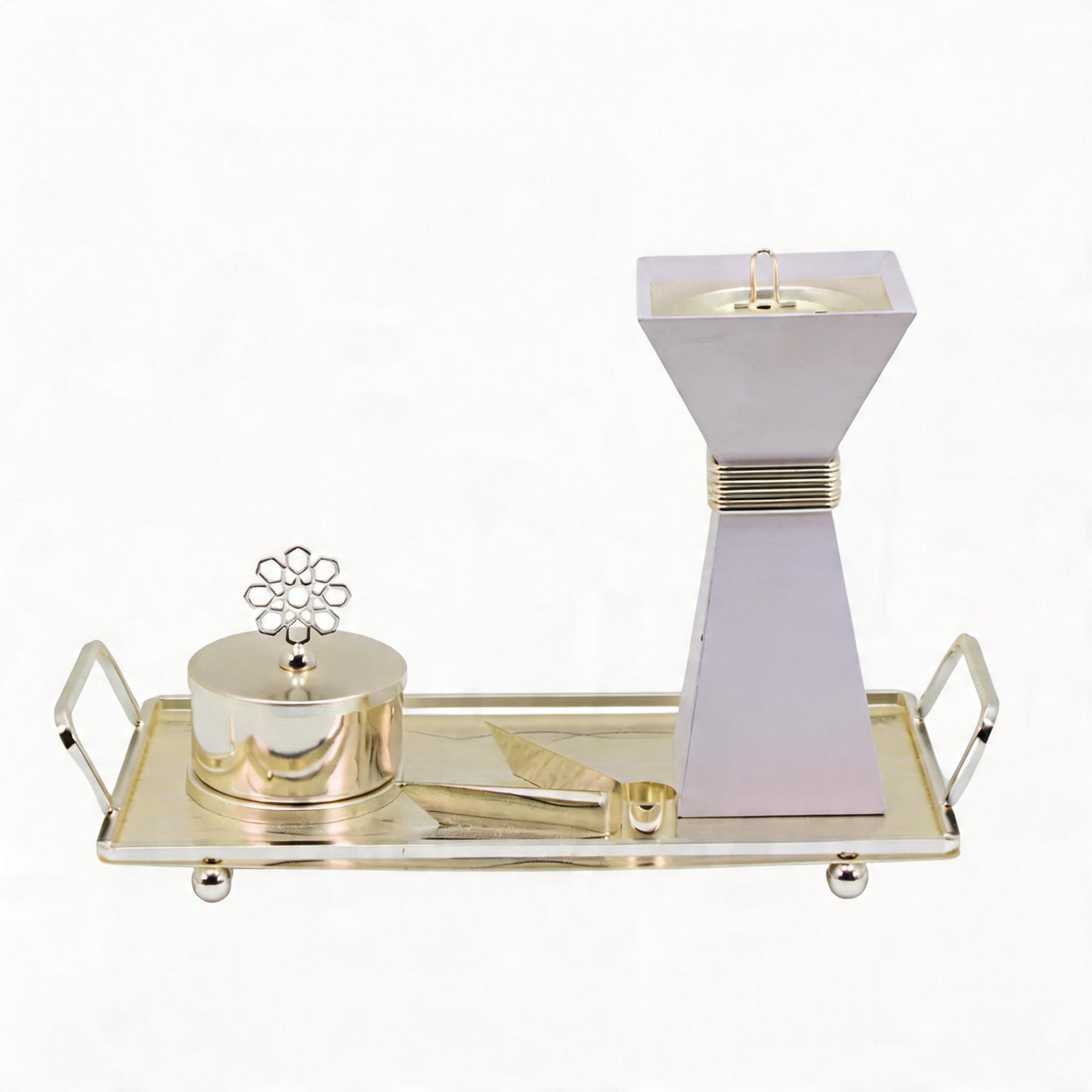 Modern White & Silver Bakhoor Incense Burner Set with Tray - Minimalist Arabic Home Decor