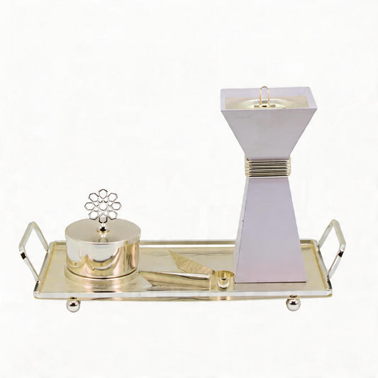 Modern White & Silver Bakhoor Incense Burner Set with Tray - Minimalist Arabic Home Decor