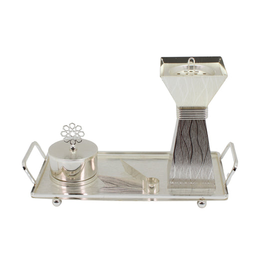 Luxury Silver Bakhoor Incense Burner Set with Decorative Tray - Modern Arabic Home D�cor