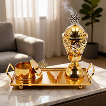 Geometric Lattice Dome Gold Bakhoor Incense Burner Set with Rectangular Tray