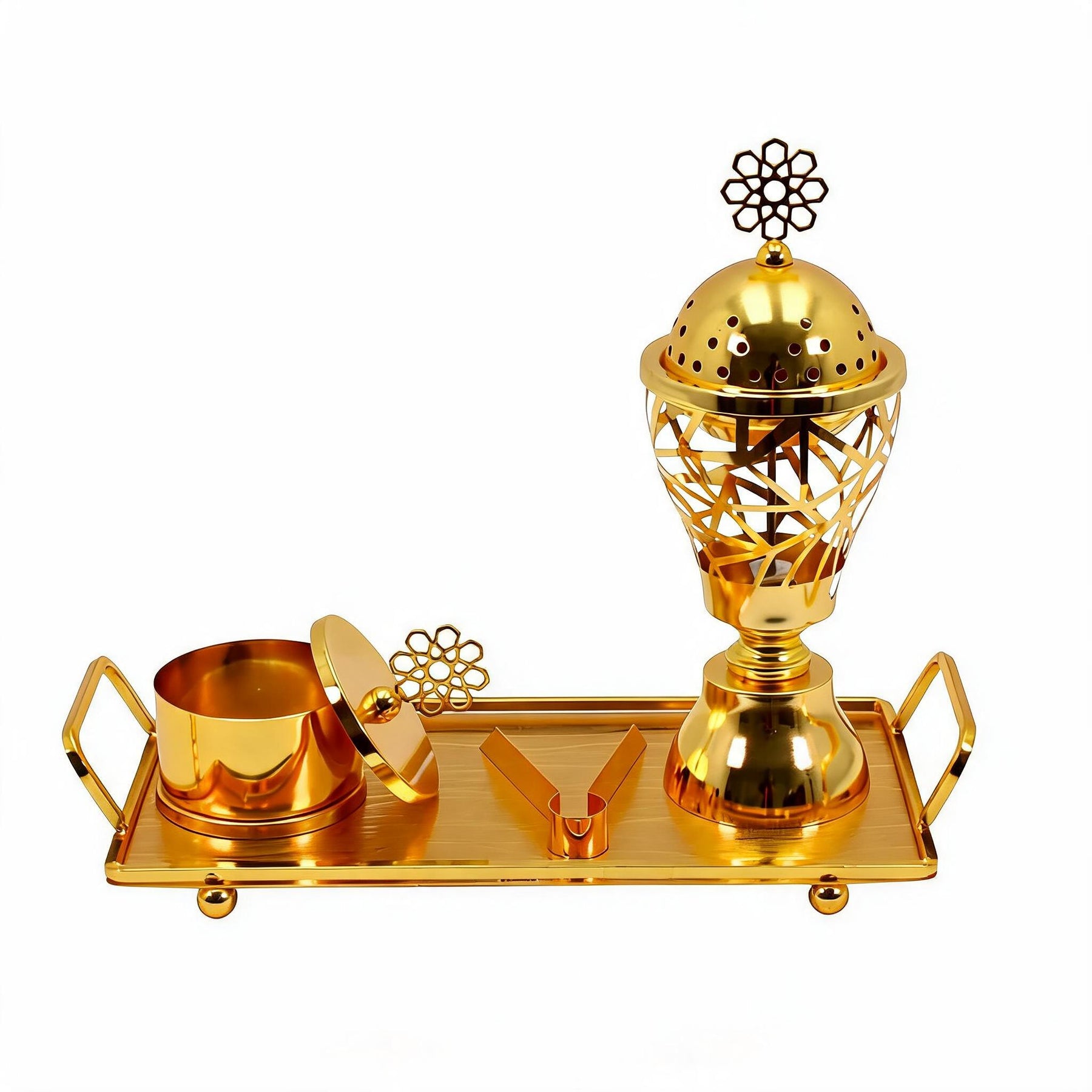 Geometric Lattice Dome Gold Bakhoor Incense Burner Set with Rectangular Tray