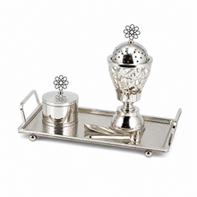 Geometric Lattice Dome Silver Bakhoor Incense Burner Set with Rectangular Tray and Accessories