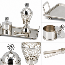 Geometric Lattice Dome Silver Bakhoor Incense Burner Set with Rectangular Tray and Accessories