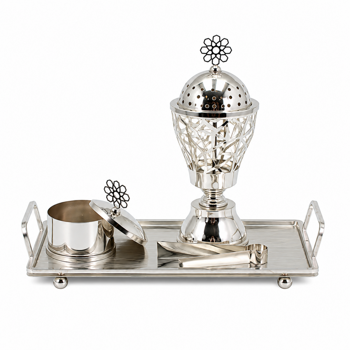 Geometric Lattice Dome Silver Bakhoor Incense Burner Set with Rectangular Tray and Accessories