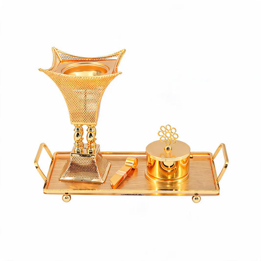 Luxury Gold Bakhoor Incense Burner Set with Tray - Ornate Arabic Mabkhara Home D�cor