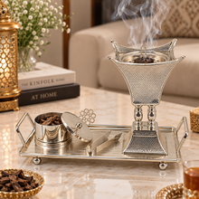 Perforated Crown Tower Silver Bakhoor Incense Burner Set with Rectangular Tray
