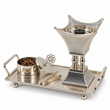 Perforated Crown Tower Silver Bakhoor Incense Burner Set with Rectangular Tray