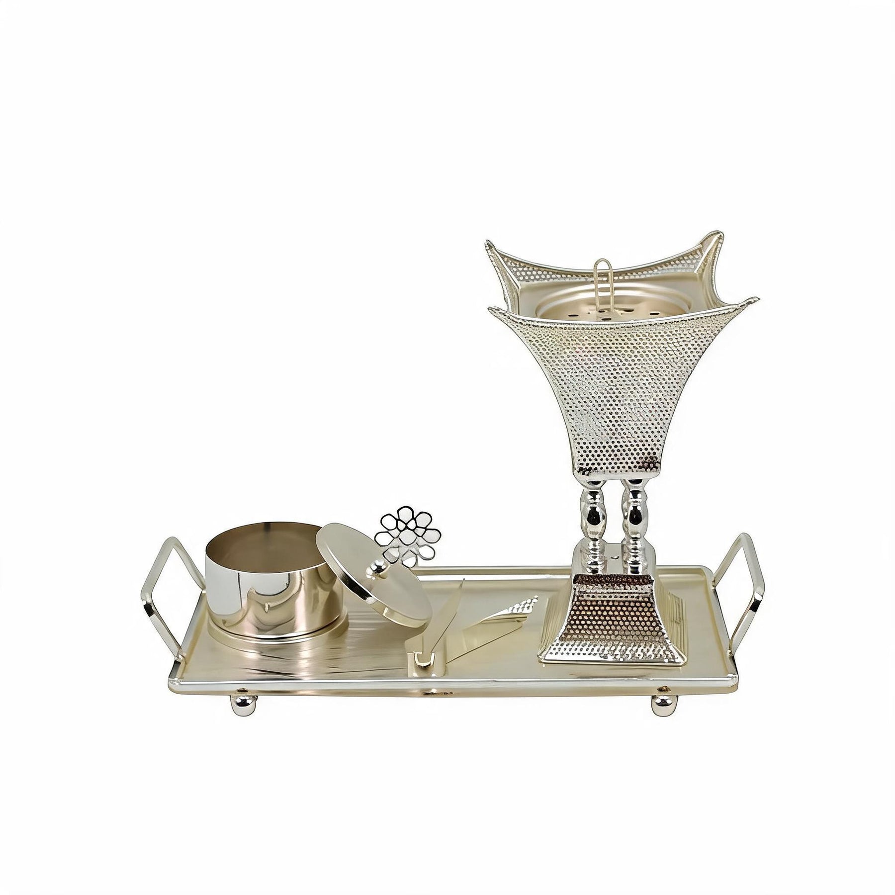 Perforated Crown Tower Silver Bakhoor Incense Burner Set with Rectangular Tray