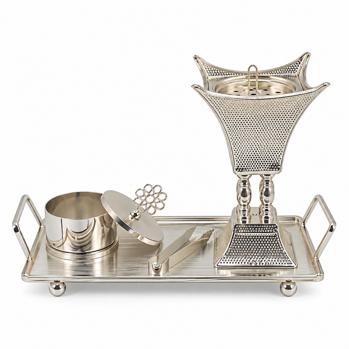 Perforated Crown Tower Silver Bakhoor Incense Burner Set with Rectangular Tray