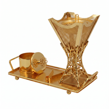 Lattice Spine Tower Gold Bakhoor Incense Burner Set with Rectangular Tray
