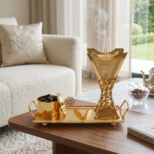 Lattice Spine Tower Gold Bakhoor Incense Burner Set with Rectangular Tray