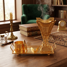 Lattice Spine Tower Gold Bakhoor Incense Burner Set with Rectangular Tray