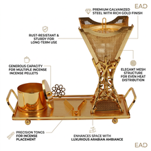 Lattice Spine Tower Gold Bakhoor Incense Burner Set with Rectangular Tray