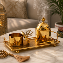 Floral Dome Gold Bakhoor Incense Burner Set with Tray, Canister & Tongs