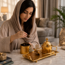 Floral Dome Gold Bakhoor Incense Burner Set with Tray, Canister & Tongs