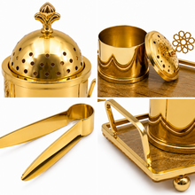 Floral Dome Gold Bakhoor Incense Burner Set with Tray, Canister & Tongs