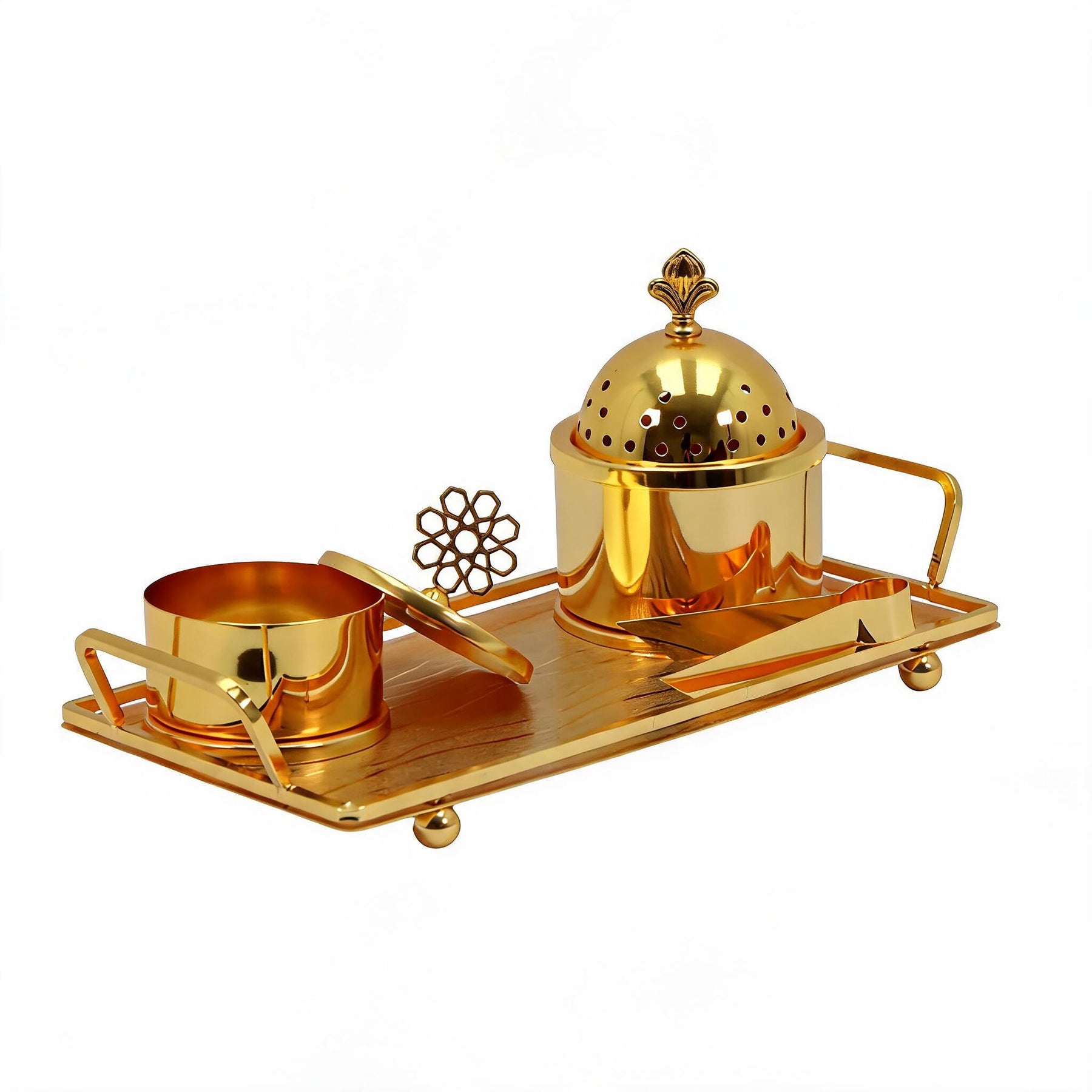 Floral Dome Gold Bakhoor Incense Burner Set with Storage Canister & Tray