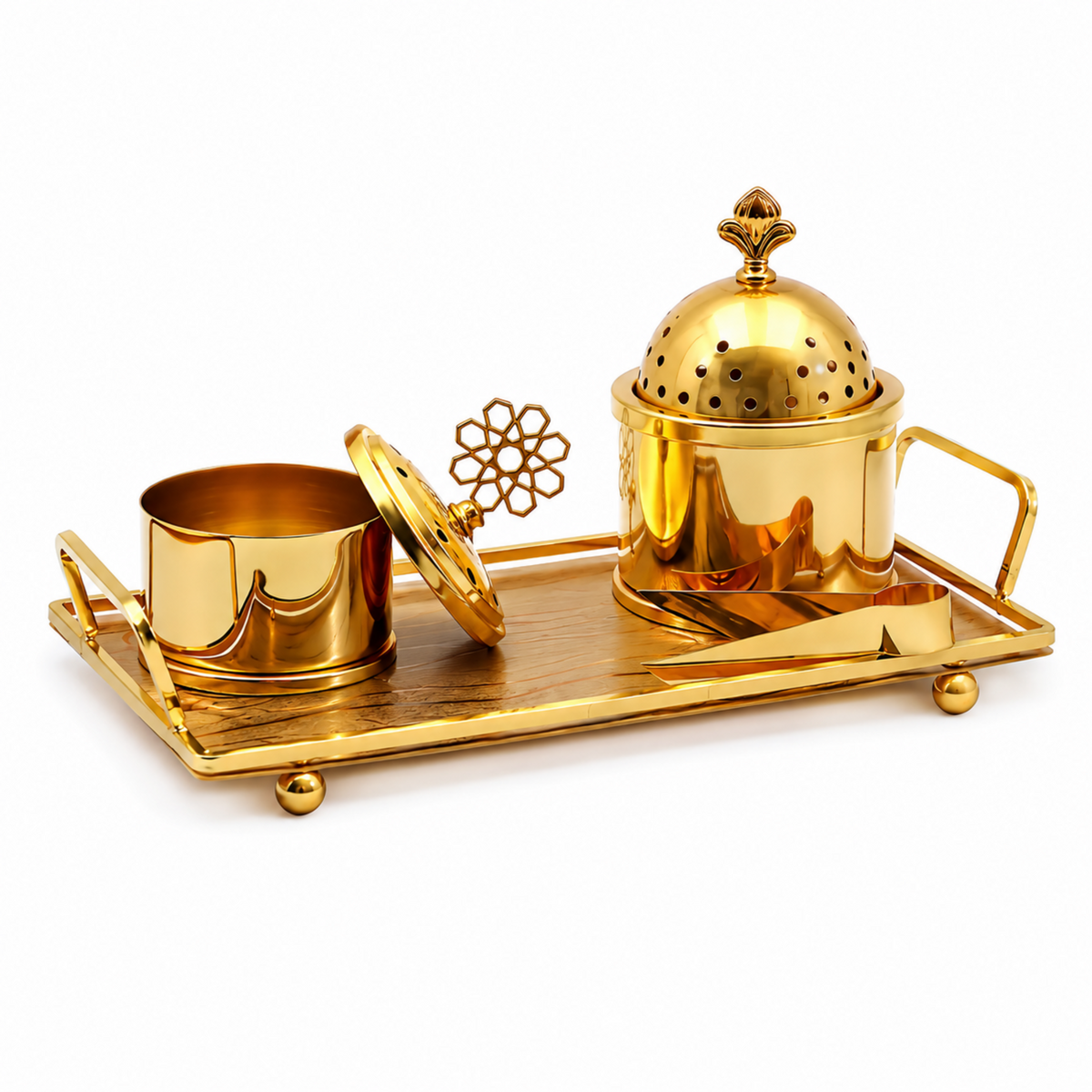 Floral Dome Gold Bakhoor Incense Burner Set with Tray, Canister & Tongs