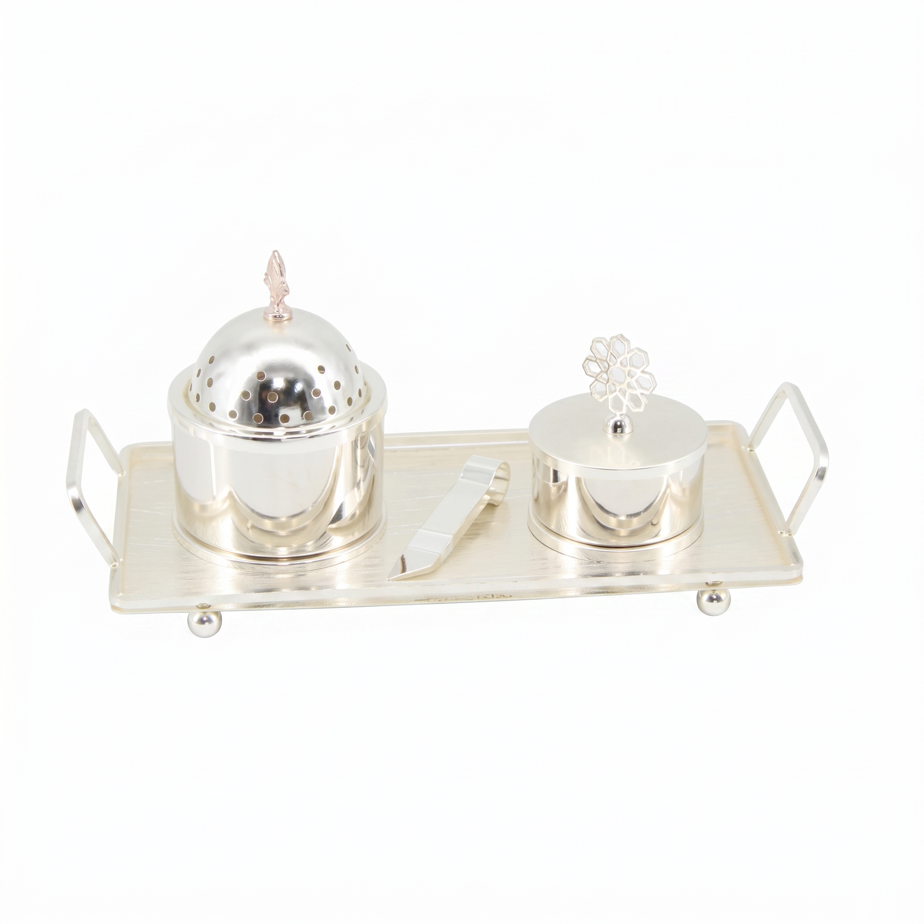 Luxury Silver Bakhoor Incense Burner & Storage Jar Set with Tray - Modern Arabic Home D�cor