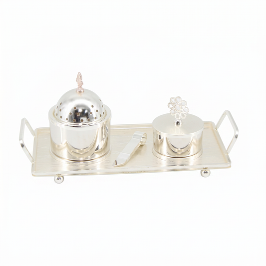 Luxury Silver Bakhoor Incense Burner & Storage Jar Set with Tray - Modern Arabic Home D�cor