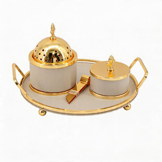 Luxury Beige & Gold Bakhoor Incense Burner Set with Storage Jar & Tray - Elegant Arabic Home D�cor