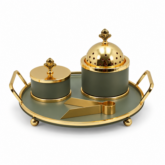 Olive Green & Gold Dome Bakhoor Incense Burner Set with Round Tray, Storage Jar & Tongs