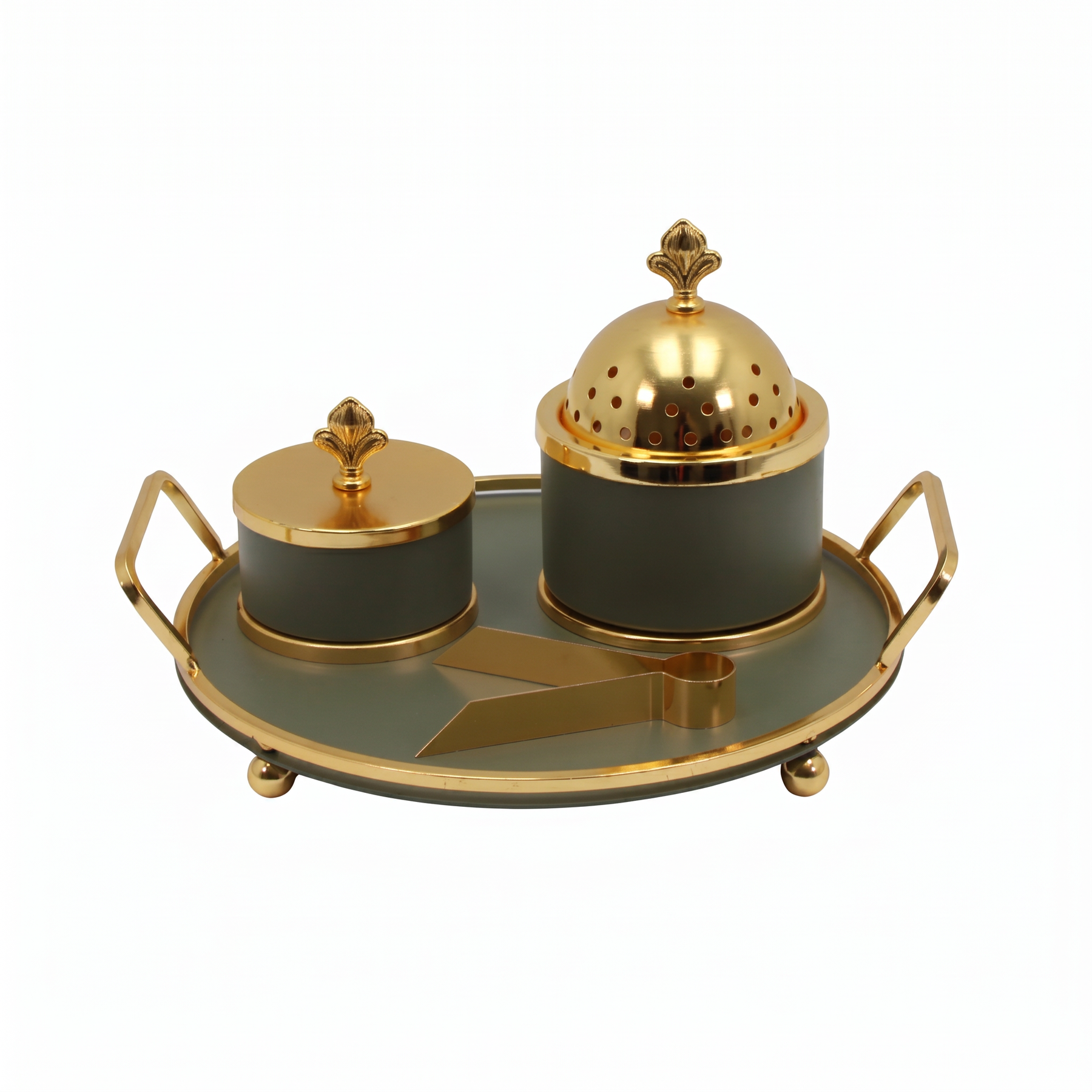 Olive Green & Gold Dome Bakhoor Incense Burner Set with Round Tray