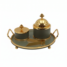 Olive Green & Gold Dome Bakhoor Incense Burner Set with Round Tray