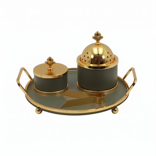 Olive Green & Gold Dome Bakhoor Incense Burner Set with Round Tray
