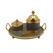 Olive Green & Gold Dome Bakhoor Incense Burner Set with Round Tray