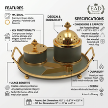 Olive Green & Gold Dome Bakhoor Incense Burner Set with Round Tray