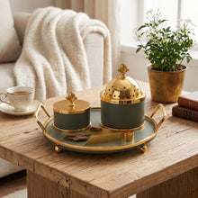 Olive Green & Gold Dome Bakhoor Incense Burner Set with Round Tray