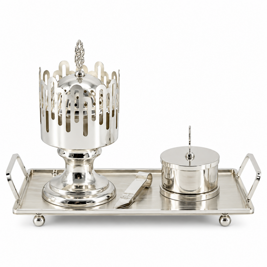 Luxury Silver Bakhoor Incense Burner Set with Storage Jar, Tongs & Tray - Modern Arabic Home Decor