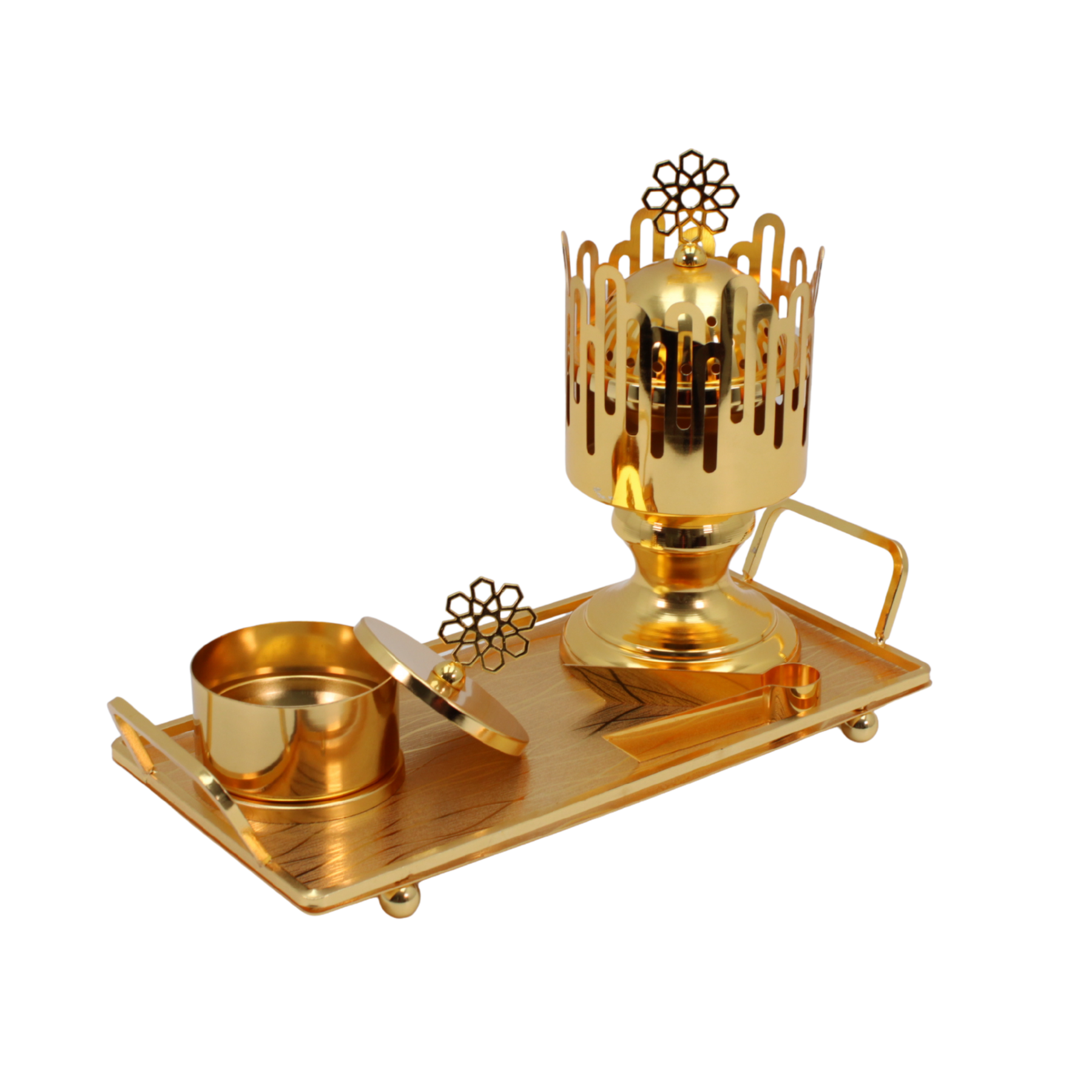 Radiant Crown Gold Bakhoor Incense Burner Set with Rectangular Tray