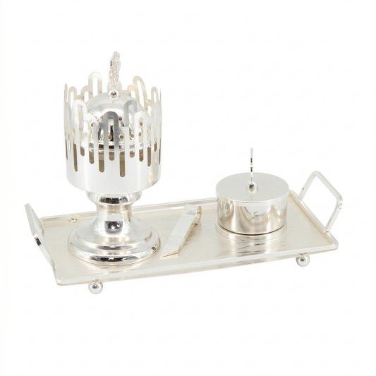 Luxury Silver Bakhoor Incense Burner Set with Storage Jar, Tongs & Tray - Modern Arabic Home D�cor