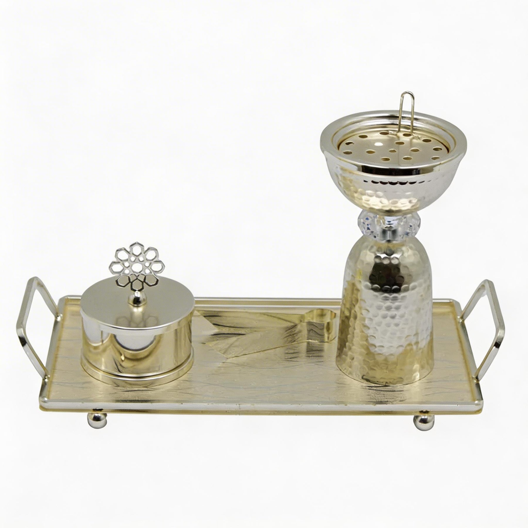 Hammered Column Silver Bakhoor Incense Burner Set with Rectangular Tray