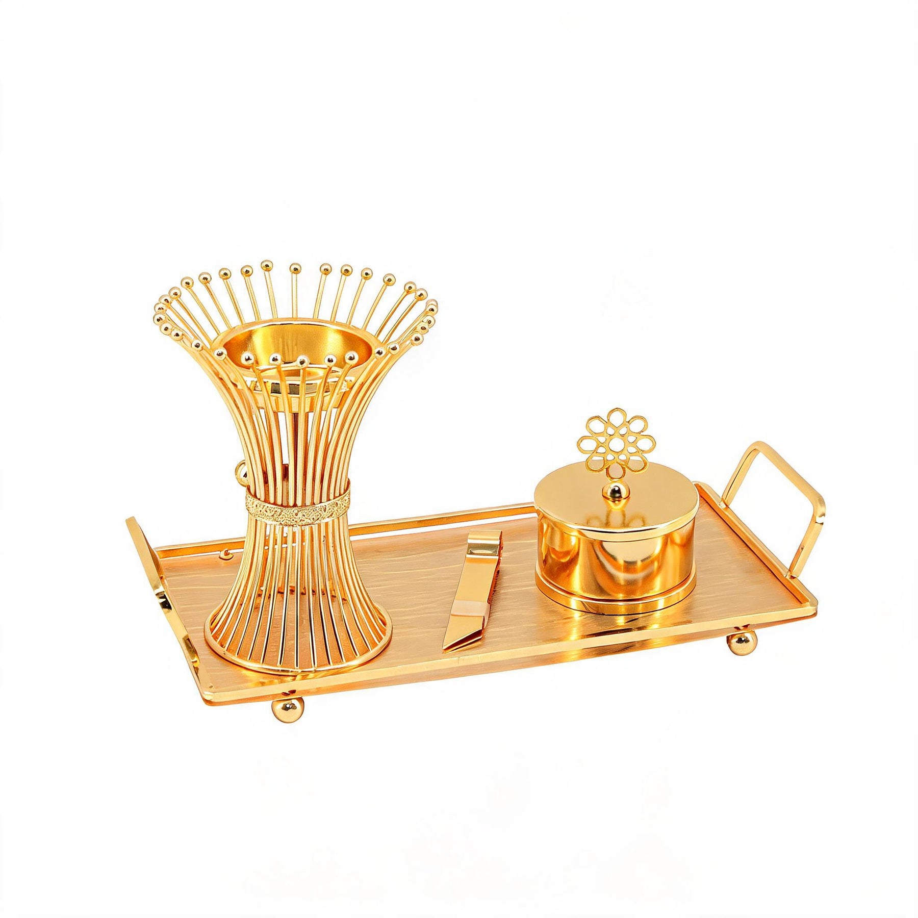 Luxury Gold Wire Mabkhara Bakhoor Incense Burner Set with Storage Jar, Tongs & Decorative Tray